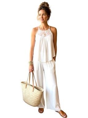 NWT Boutique Boho Chic Two-Piece Set Lace Top (S) + Palazzo Pants (M) Viscose